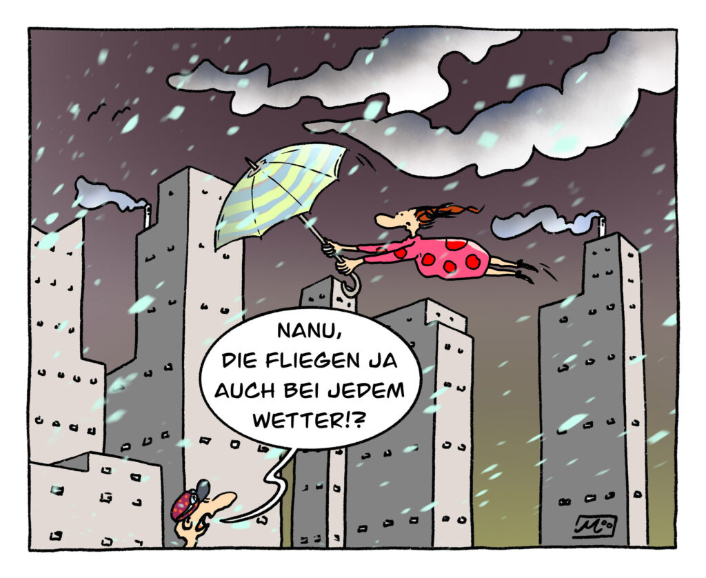 Cartoon Frau fliegt mit Regenschirm durch Stadt