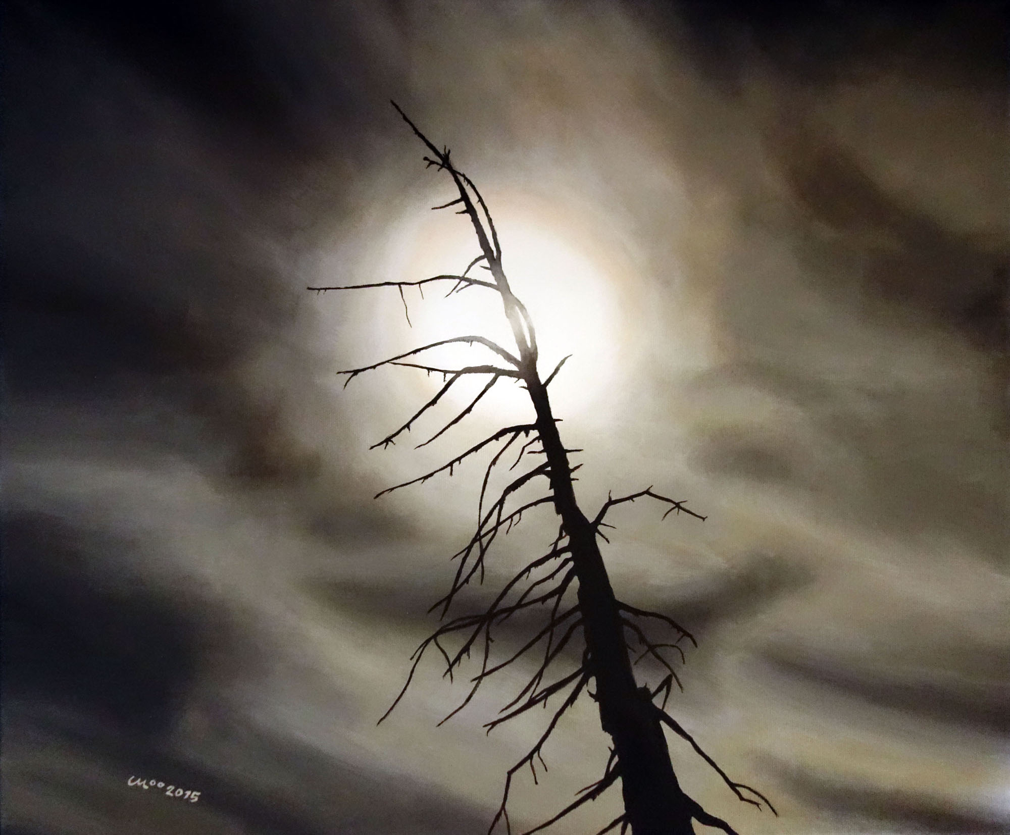 Gemälde Acryl Sonne hinter kargem Baum