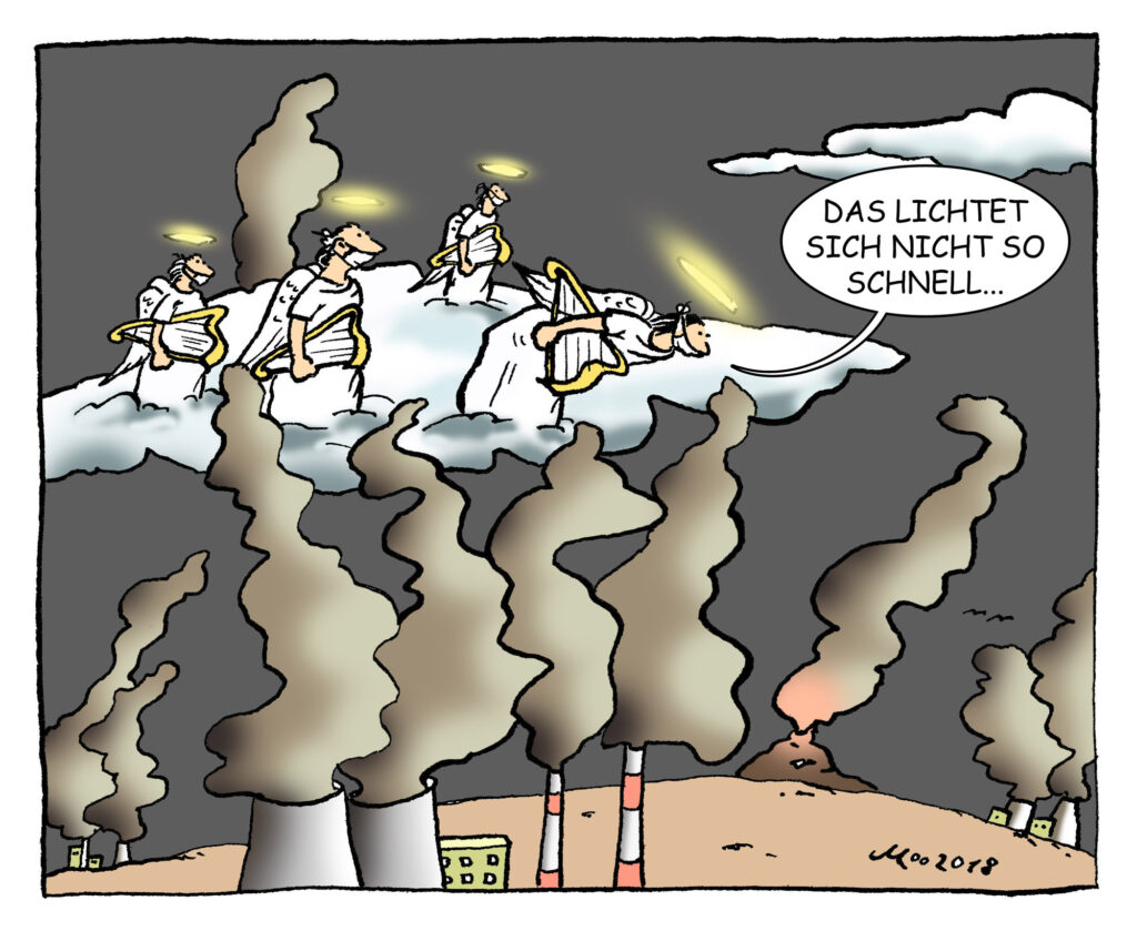 Comic Harvenspieler auf Wolke und Luftverschmutzung