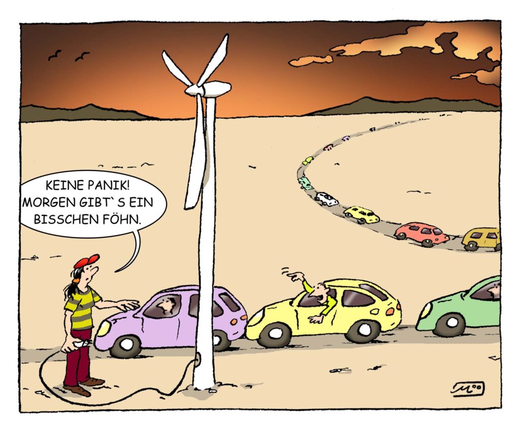 Cartoon Autos warten auf Windenergie