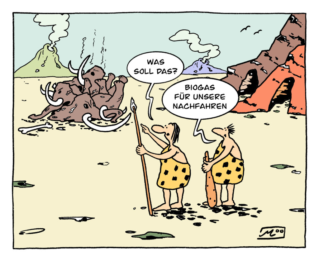 Cartoon wie Höhlenbewohner in der Steinzeit Biogasenergie entdeckten