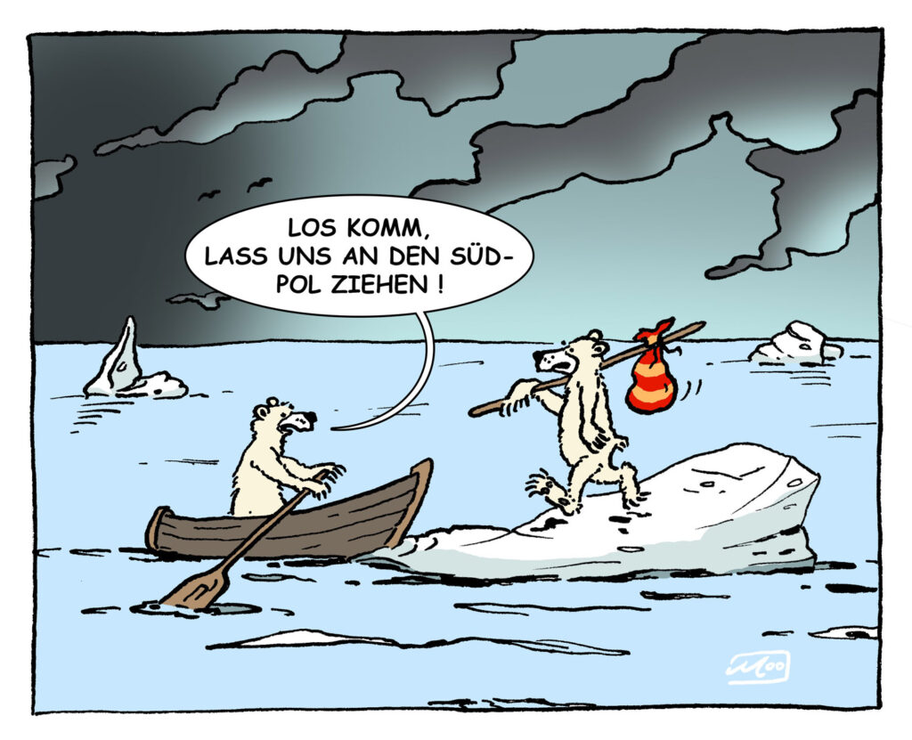 Klima Cartoon Eisbären fliehen an Südpol