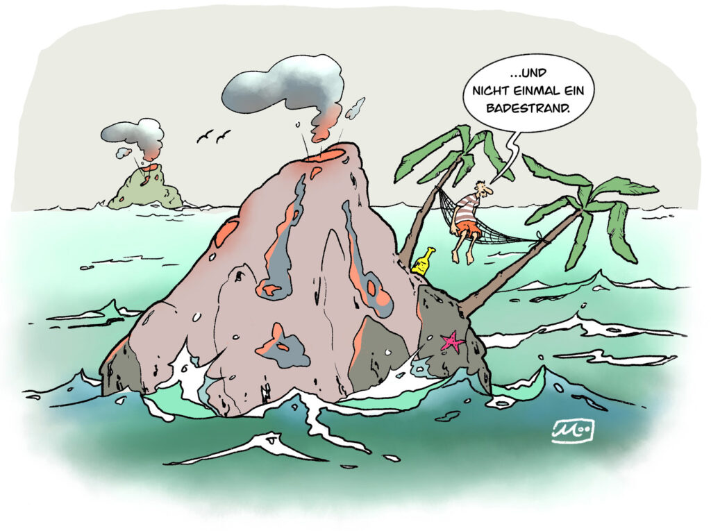 Cartoon Zeichnung Schiffbrüchiger auf Vullkaninsel sitzt in Hängematte.